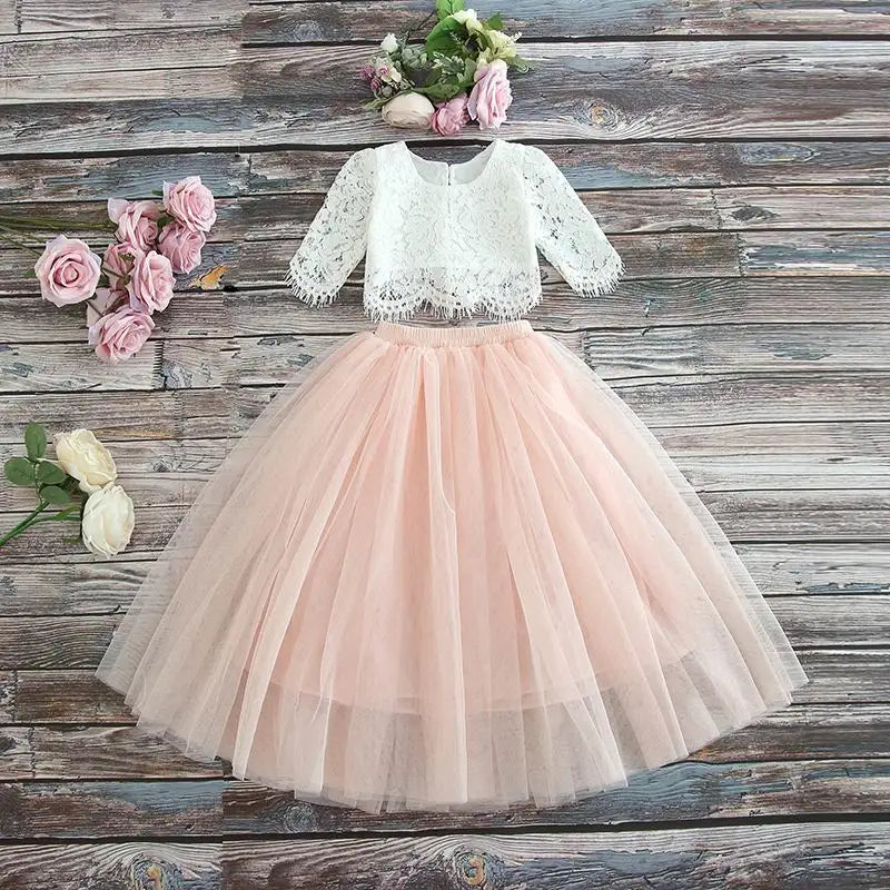 Children Set Clothing for Girls Half Sleeve Lace Top+Champagne Pink Long Skirt Kids Clothes 0-10T E17121