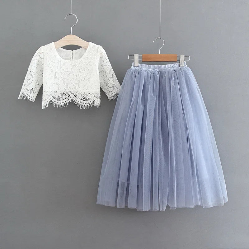 Children Set Clothing for Girls Half Sleeve Lace Top+Champagne Pink Long Skirt Kids Clothes 0-10T E17121