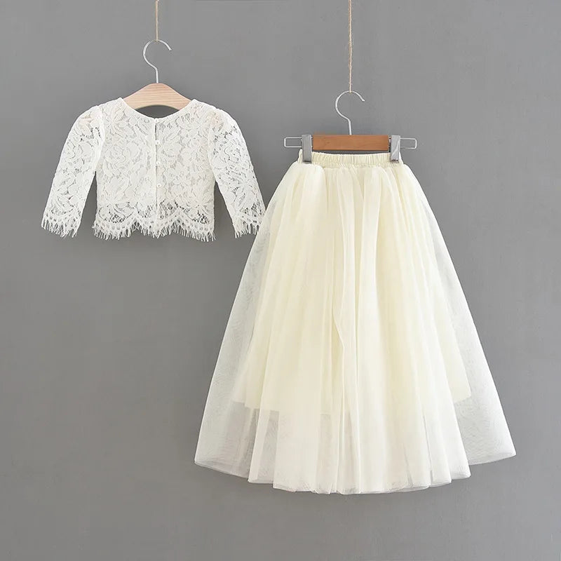Children Set Clothing for Girls Half Sleeve Lace Top+Champagne Pink Long Skirt Kids Clothes 0-10T E17121