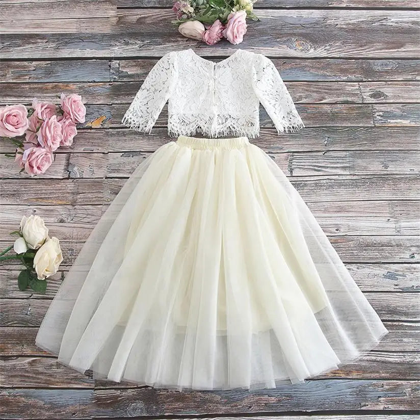 Children Set Clothing for Girls Half Sleeve Lace Top+Champagne Pink Long Skirt Kids Clothes 0-10T E17121