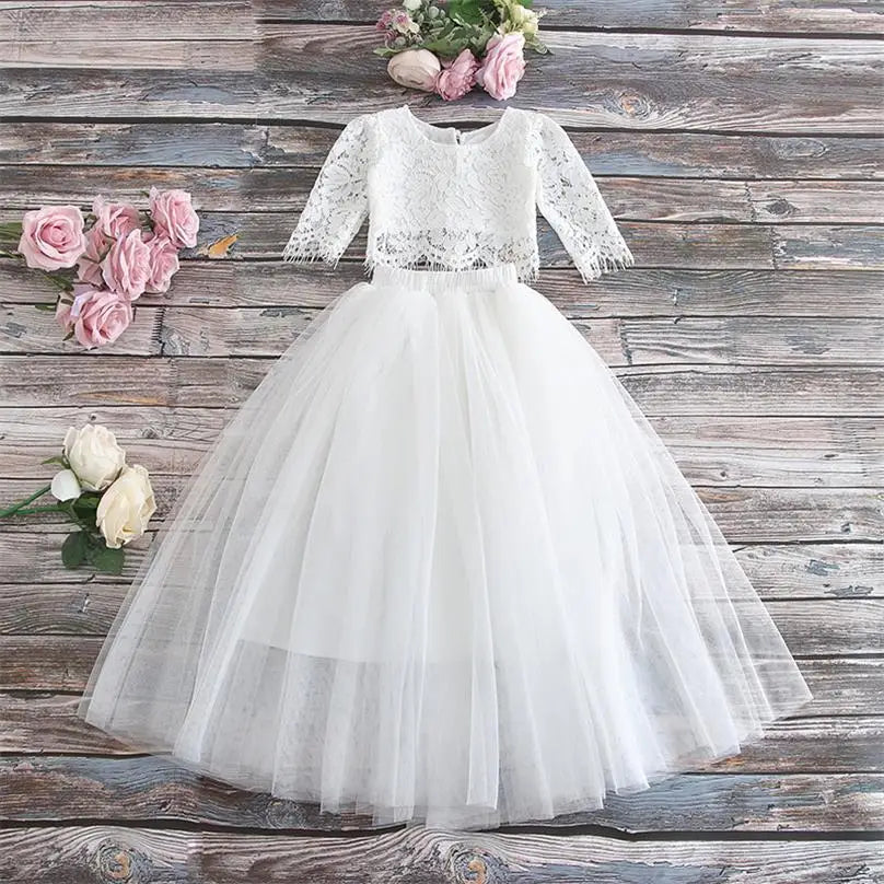Children Set Clothing for Girls Half Sleeve Lace Top+Champagne Pink Long Skirt Kids Clothes 0-10T E17121