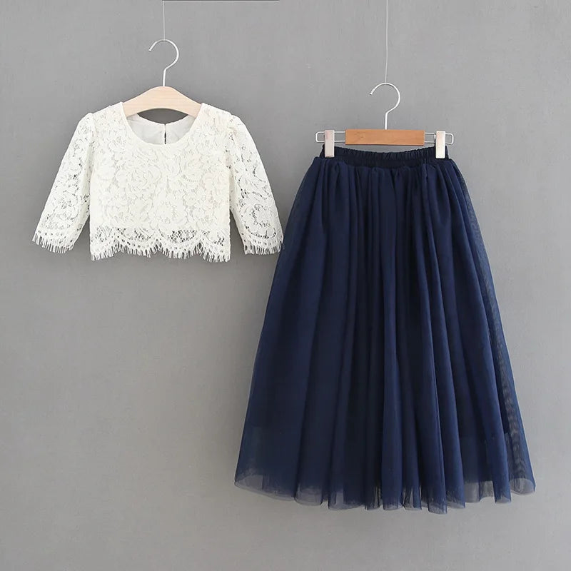 Children Set Clothing for Girls Half Sleeve Lace Top+Champagne Pink Long Skirt Kids Clothes 0-10T E17121