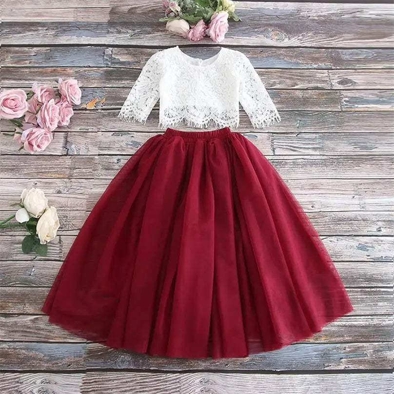 Children Set Clothing for Girls Half Sleeve Lace Top+Champagne Pink Long Skirt Kids Clothes 0-10T E17121
