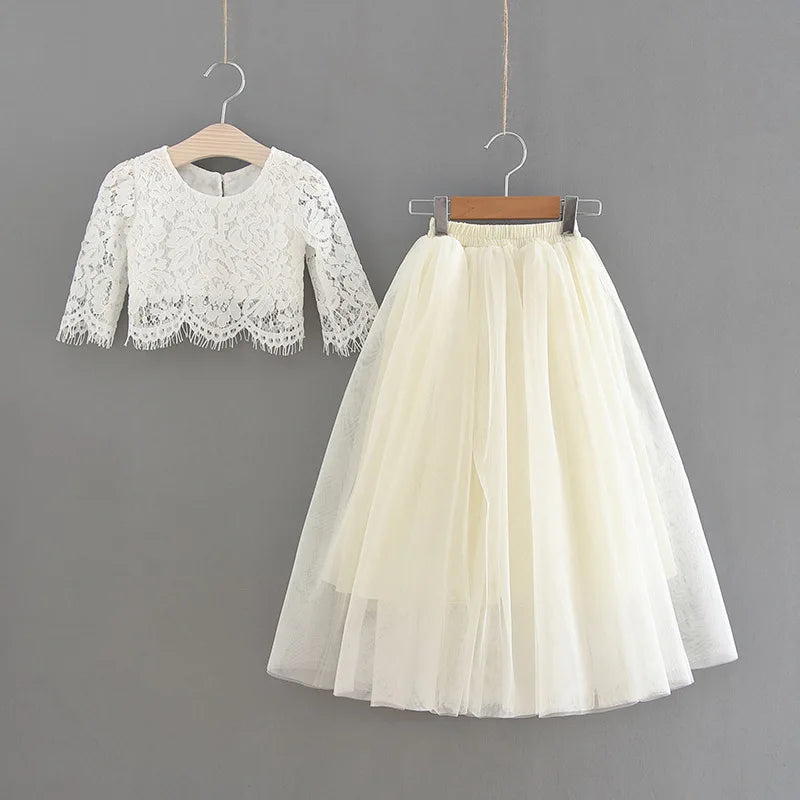 Children Set Clothing for Girls Half Sleeve Lace Top+Champagne Pink Long Skirt Kids Clothes 0-10T E17121