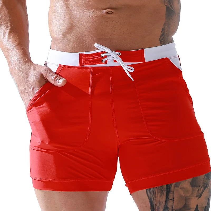 Men Stretch Swim Trunks Quick Dry Swimwear Swimsuits Beach Shorts with Pockets Surf Bathing Suit Water Sports Pants