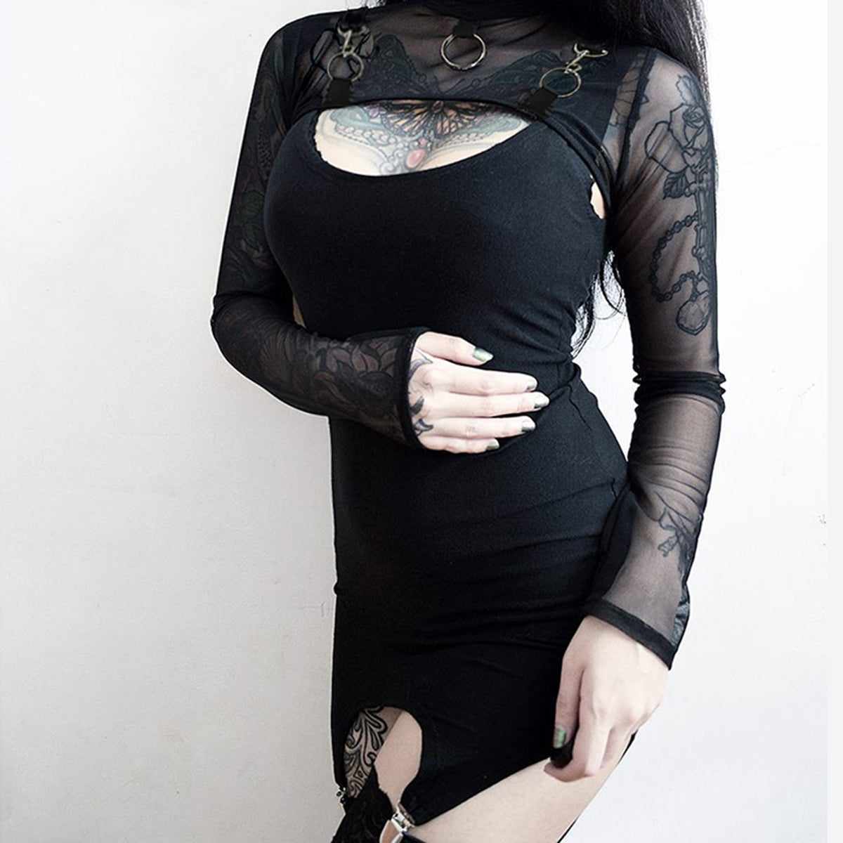Summer Sexy Mesh See Through T-Shirts Black O-Neck Long Sleeve  Turtleneck Sheer Transparent Short Crop Tops Sexy Club Party Top