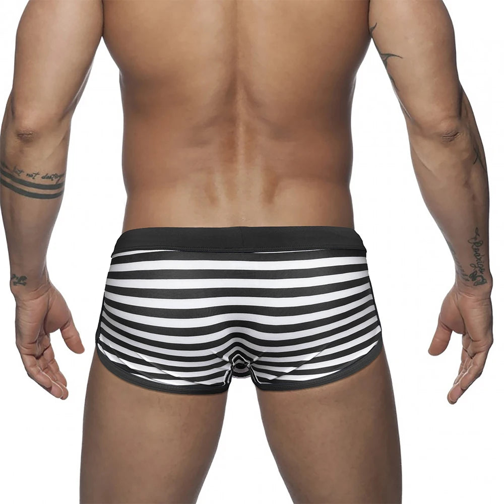 Sexy Mens Swimming Trunks Low Waist Pouch Striped Swimsuit Fashion Male Side Split Bathing Suit Sport Beach Surfing Board Shorts