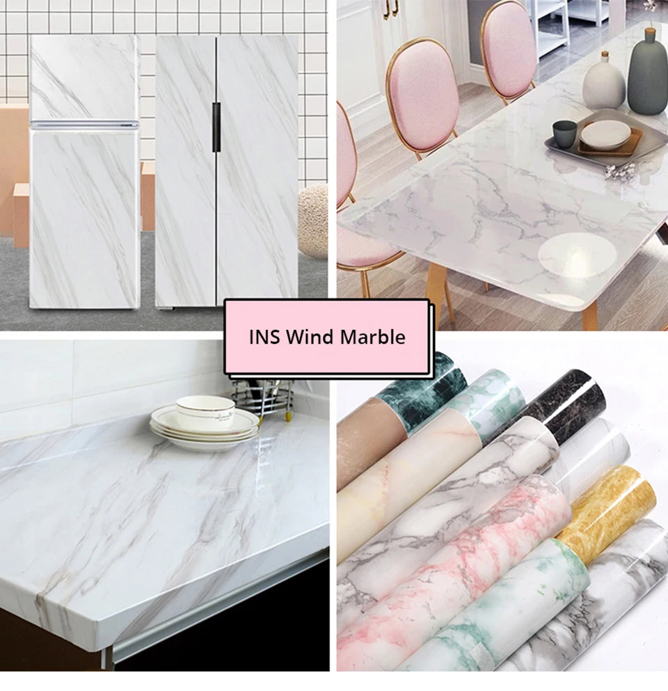 DIY Contact Paper Kitchen Stickers Solid Color PVC Self-adhesive  Home Decorative Marble Wallpaper Living room Study Furnitures