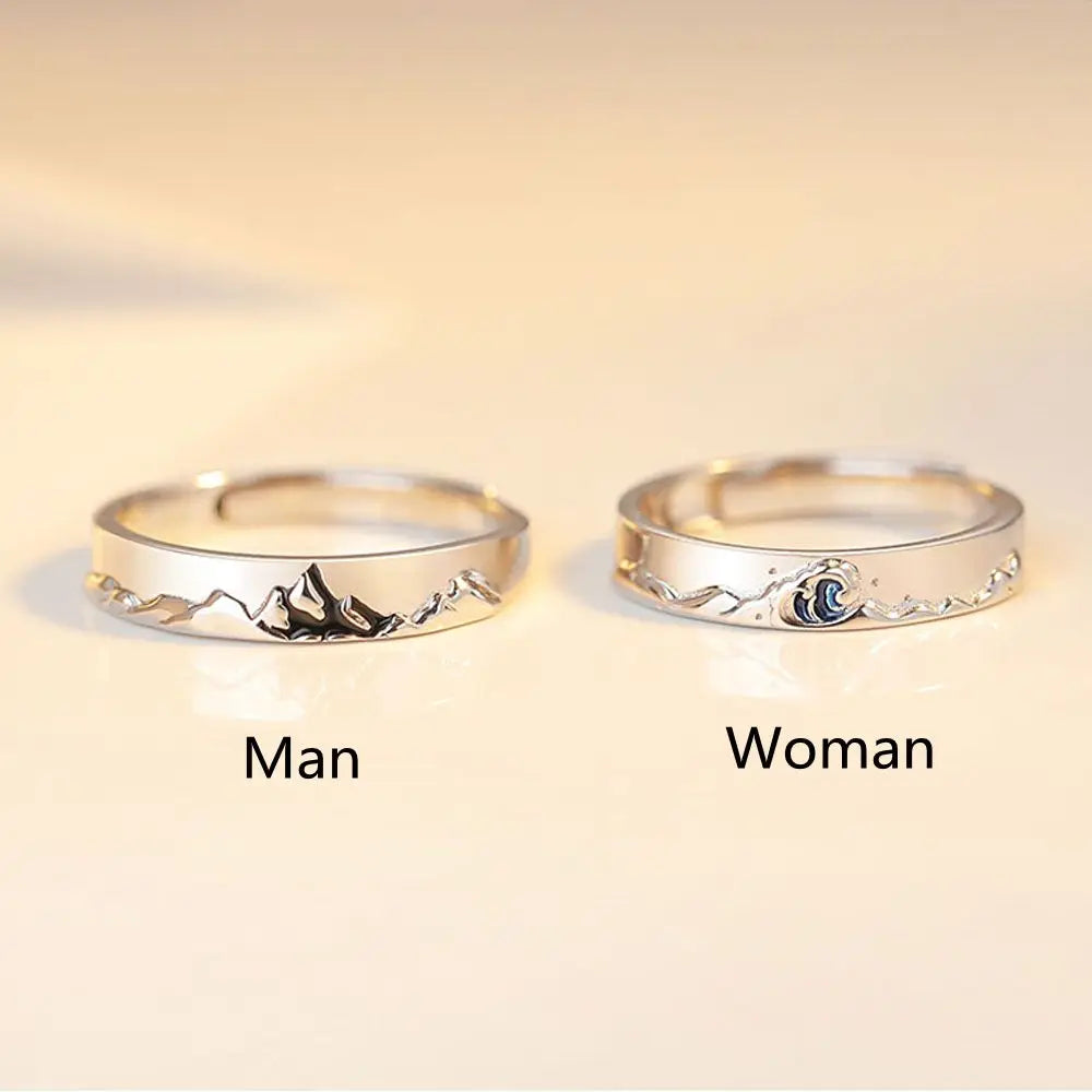 Fashion Couple S925 Silver Plated Personality Epoxy Mountain and Sea Adjustable Rings Love Anniversary Gift