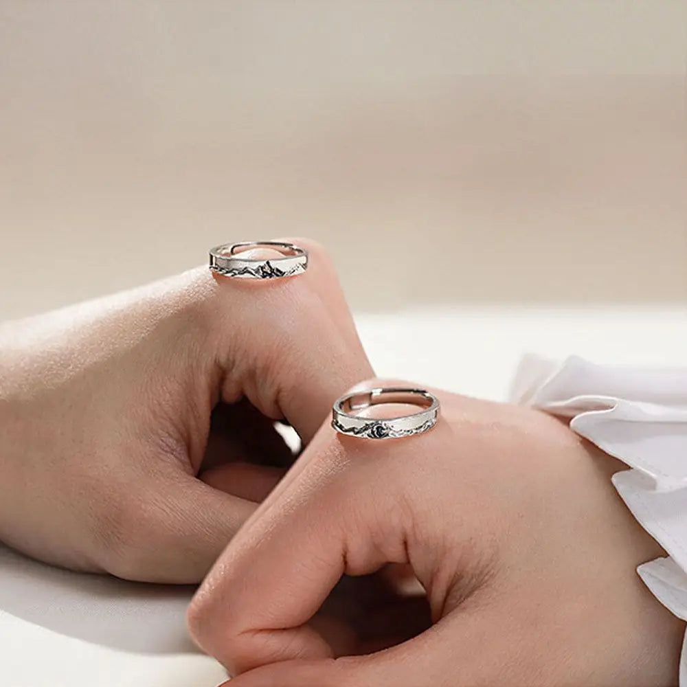 Fashion Couple S925 Silver Plated Personality Epoxy Mountain and Sea Adjustable Rings Love Anniversary Gift