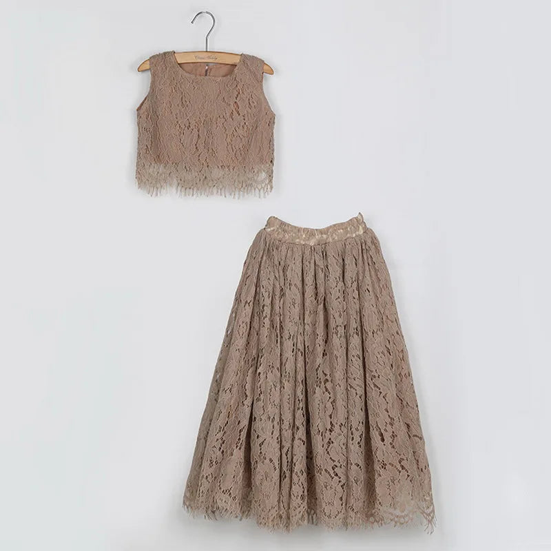 Children Set Clothing for Girls Half Sleeve Lace Top+Champagne Pink Long Skirt Kids Clothes 0-10T E17121