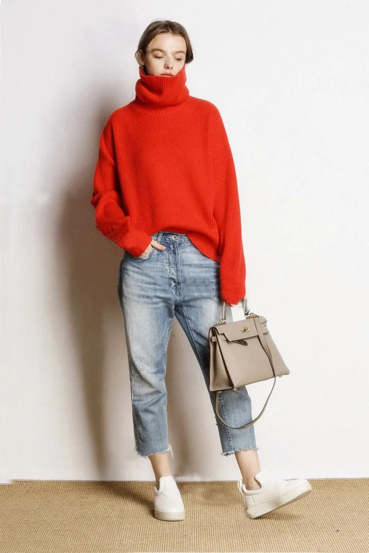 DY Wool Women's Sweater Autumn Winter Warm Turtlenecks Casual Loose Oversized Lady Sweaters Knitted Pullover Top Pull Femme
