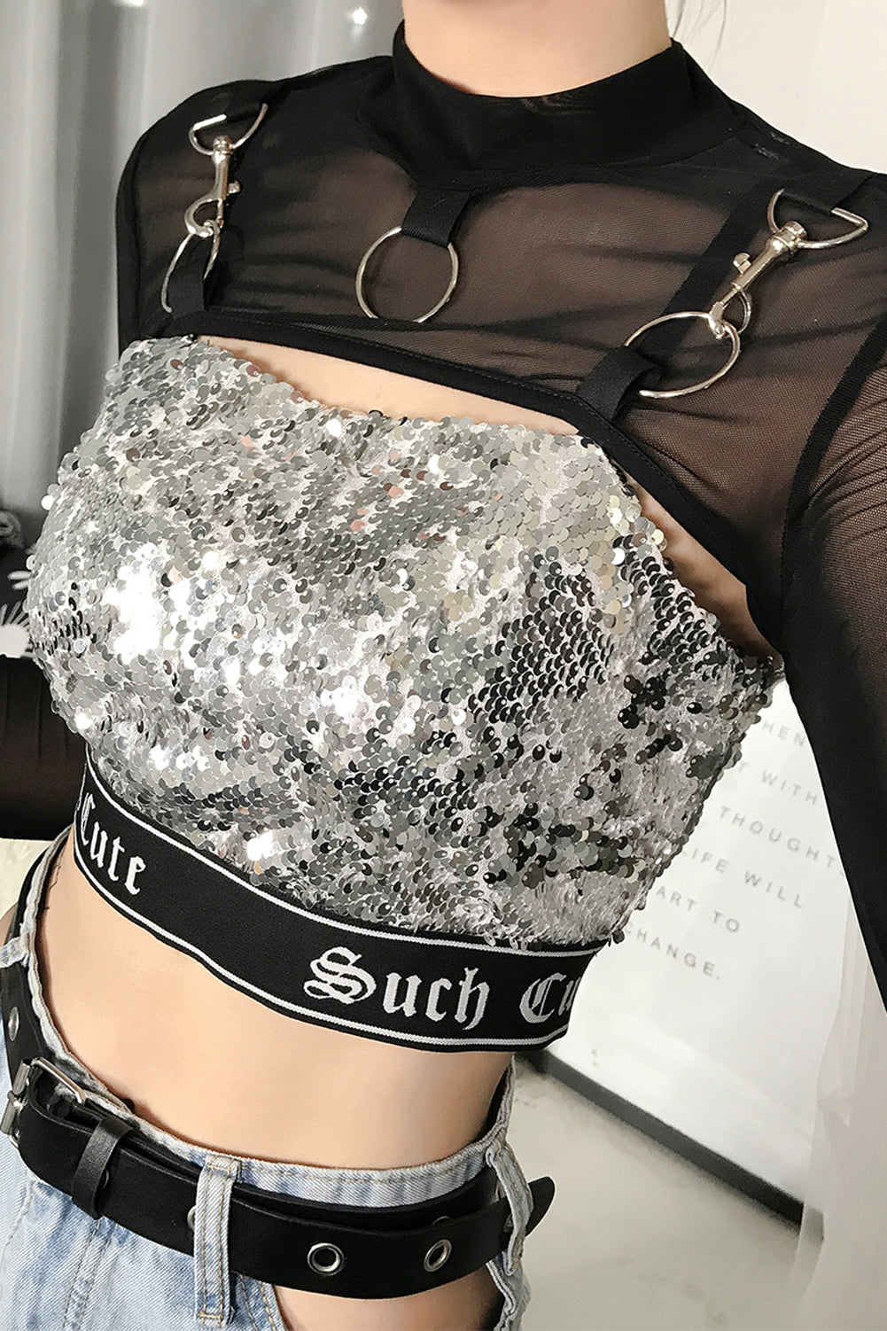 Summer Sexy Mesh See Through T-Shirts Black O-Neck Long Sleeve  Turtleneck Sheer Transparent Short Crop Tops Sexy Club Party Top