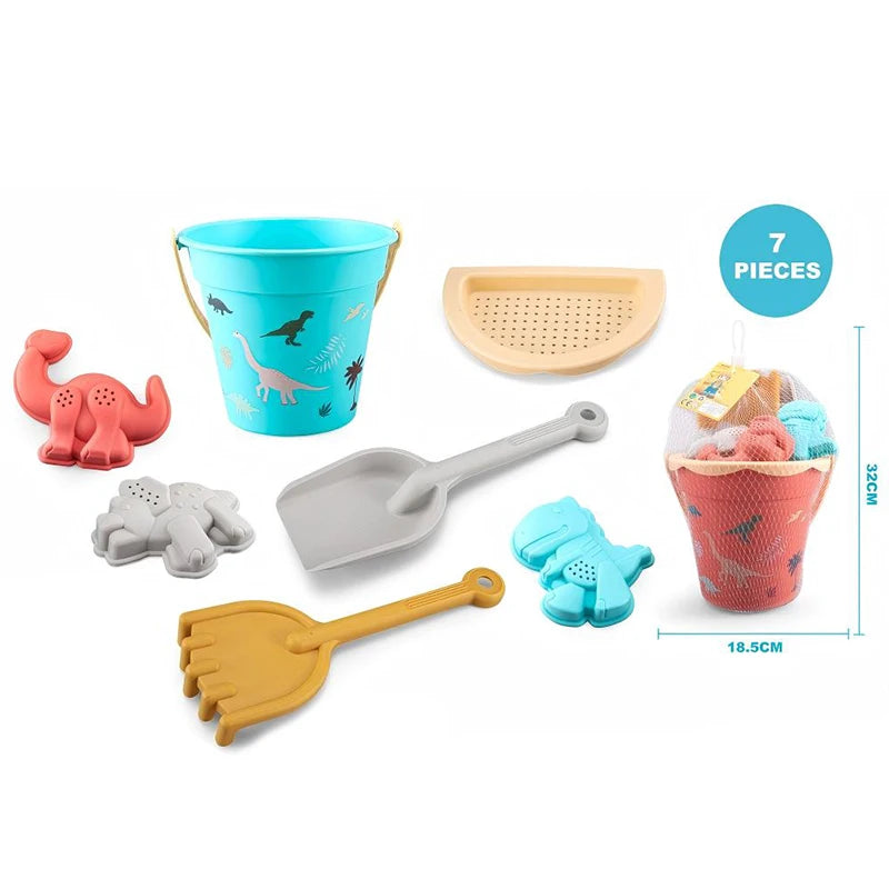 MY TOYS 7Pcs Dinosaur Beach Bucket & Mold Sand Play Set for Children Ages 2+ Outdoor Summer Toy