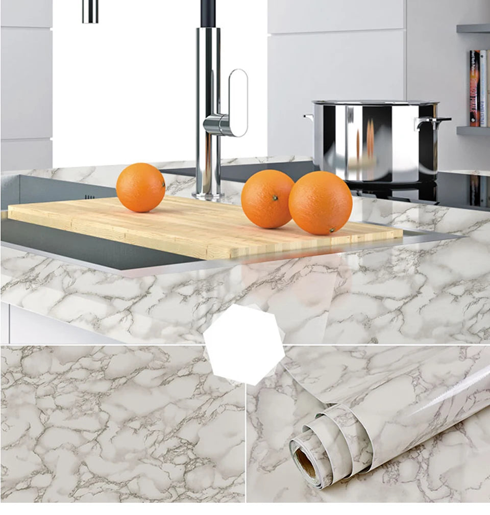 DIY Contact Paper Kitchen Stickers Solid Color PVC Self-adhesive  Home Decorative Marble Wallpaper Living room Study Furnitures