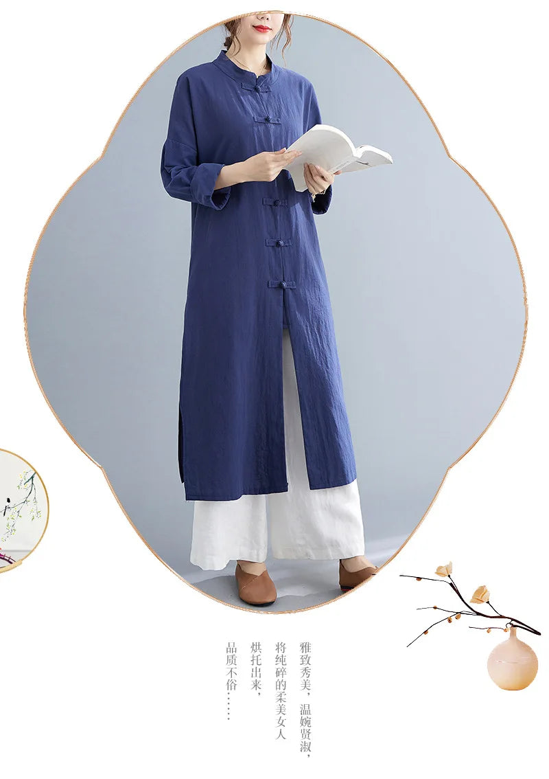 Traditional Chinese Clothing for Women Spring Autumn Cotton Long Sleeve Single-breasted Loose Top Meditation Tea Clothes