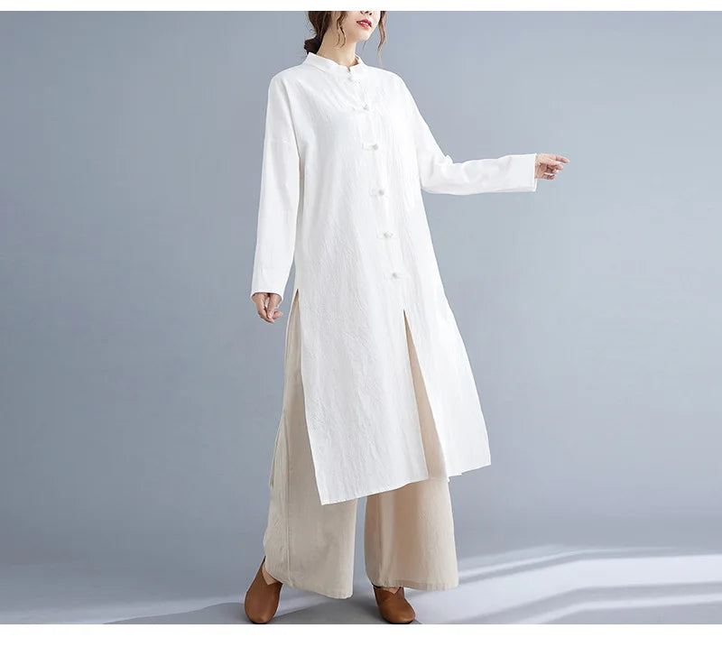 Traditional Chinese Clothing for Women Spring Autumn Cotton Long Sleeve Single-breasted Loose Top Meditation Tea Clothes