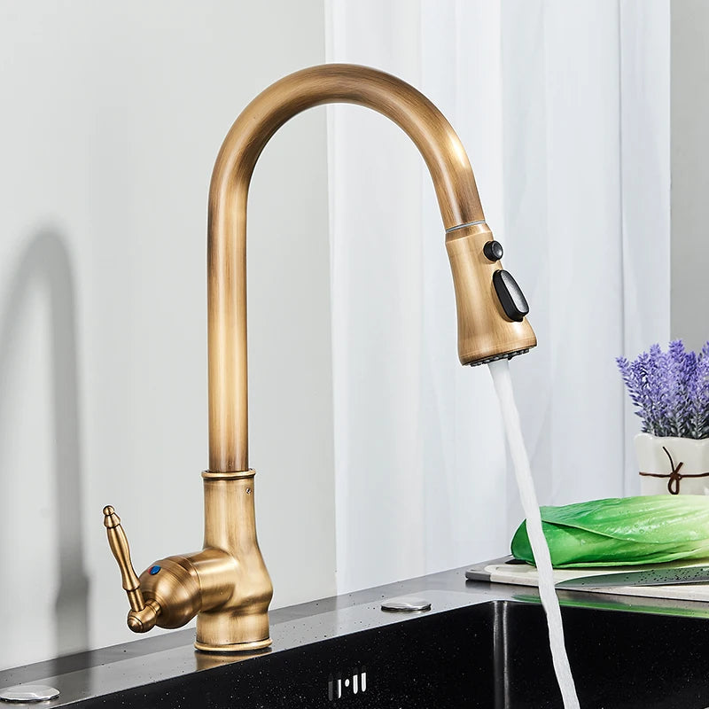 Antique Brass Kitchen Faucet Pull Out Kitchen Sink Faucet Single Handle Faucet 360 Rotate Kitchen Tap Hot Cold Water Mixer Crane