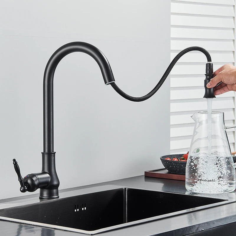Antique Brass Kitchen Faucet Pull Out Kitchen Sink Faucet Single Handle Faucet 360 Rotate Kitchen Tap Hot Cold Water Mixer Crane