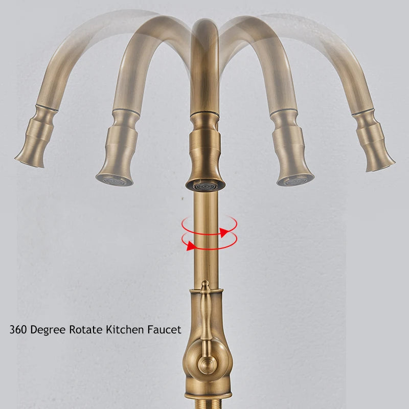 Antique Brass Kitchen Faucet Pull Out Kitchen Sink Faucet Single Handle Faucet 360 Rotate Kitchen Tap Hot Cold Water Mixer Crane