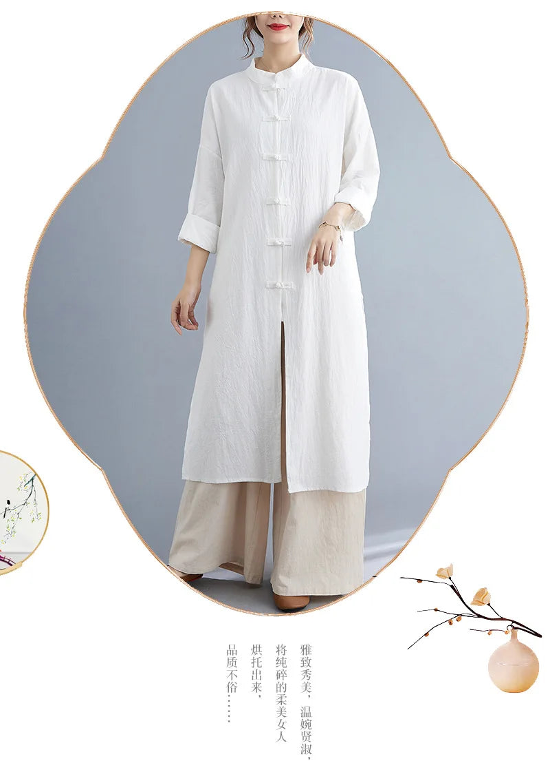 Traditional Chinese Clothing for Women Spring Autumn Cotton Long Sleeve Single-breasted Loose Top Meditation Tea Clothes
