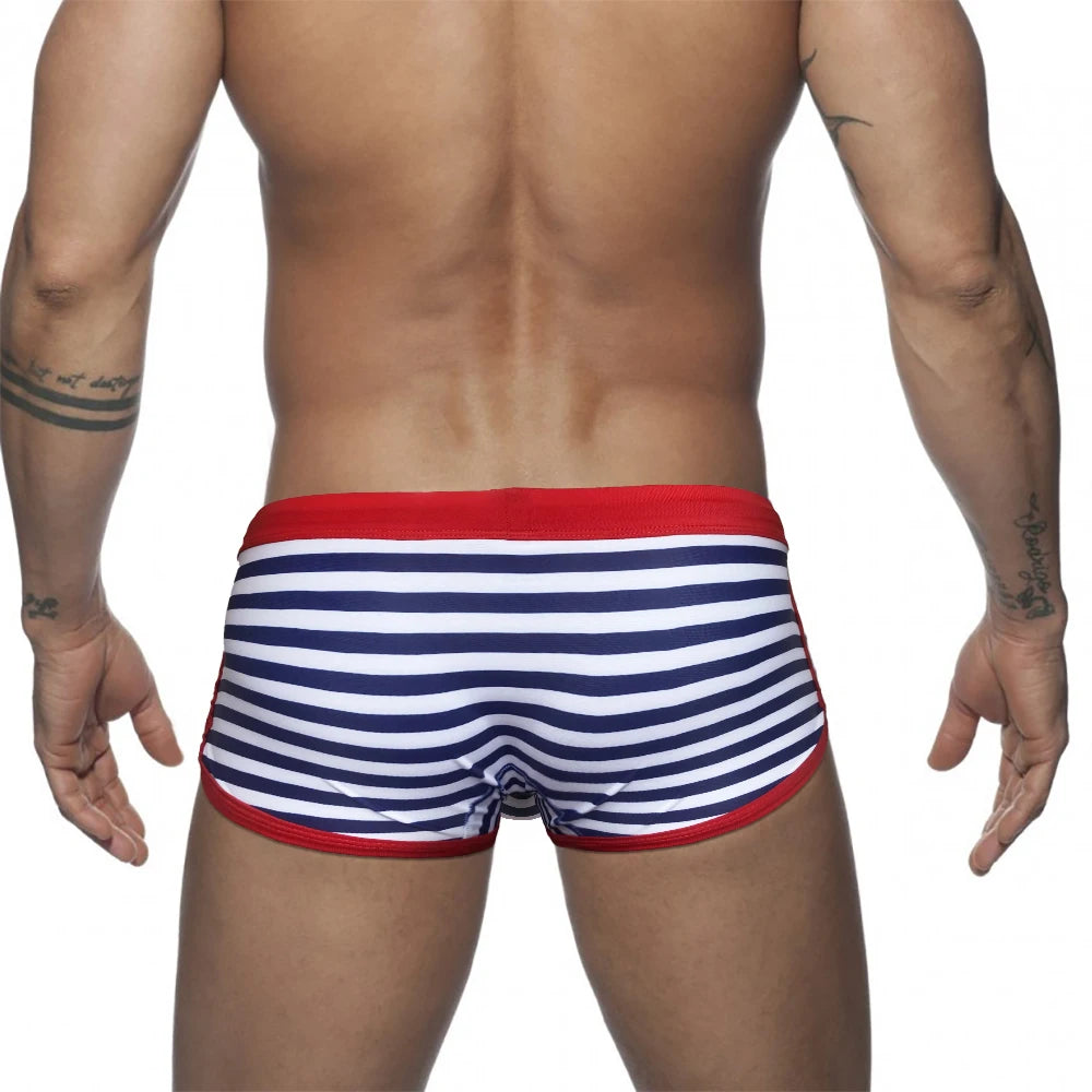 Sexy Mens Swimming Trunks Low Waist Pouch Striped Swimsuit Fashion Male Side Split Bathing Suit Sport Beach Surfing Board Shorts