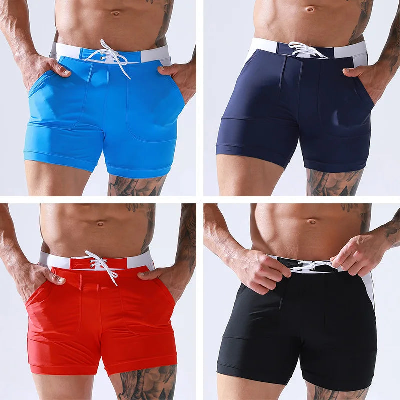 Men Stretch Swim Trunks Quick Dry Swimwear Swimsuits Beach Shorts with Pockets Surf Bathing Suit Water Sports Pants