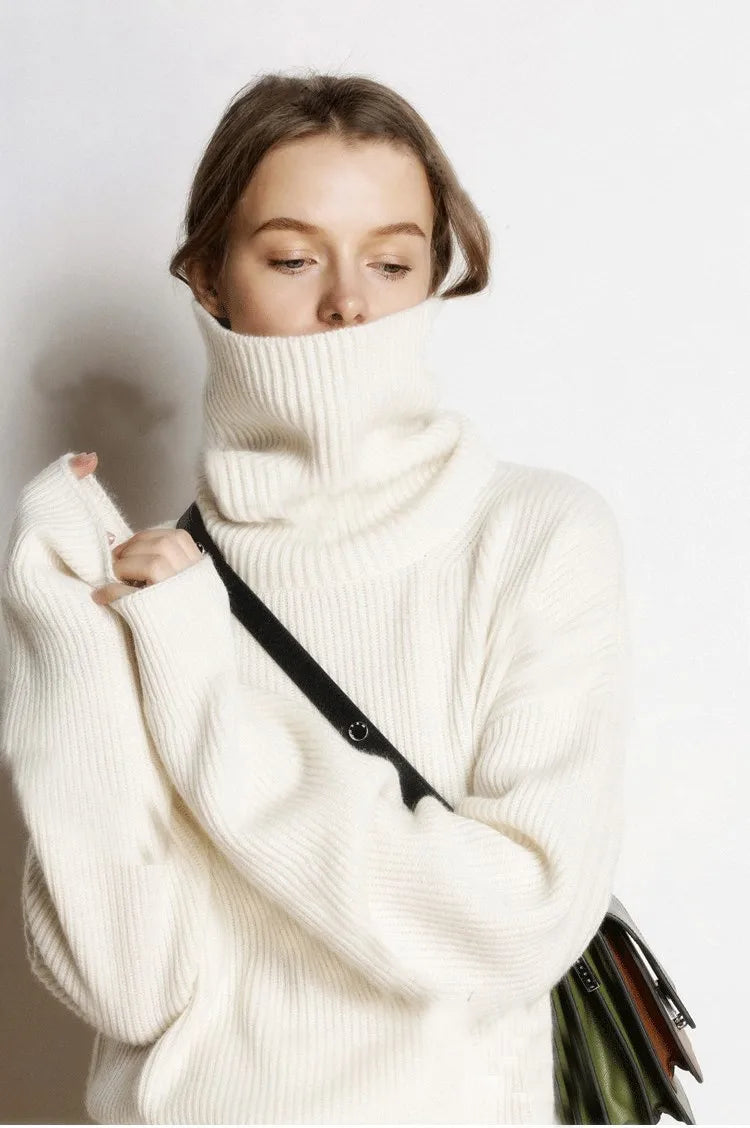 DY Wool Women's Sweater Autumn Winter Warm Turtlenecks Casual Loose Oversized Lady Sweaters Knitted Pullover Top Pull Femme