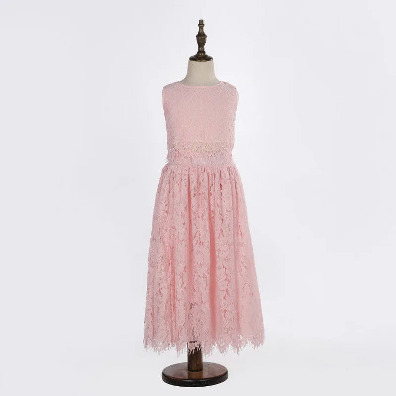 Children Set Clothing for Girls Half Sleeve Lace Top+Champagne Pink Long Skirt Kids Clothes 0-10T E17121