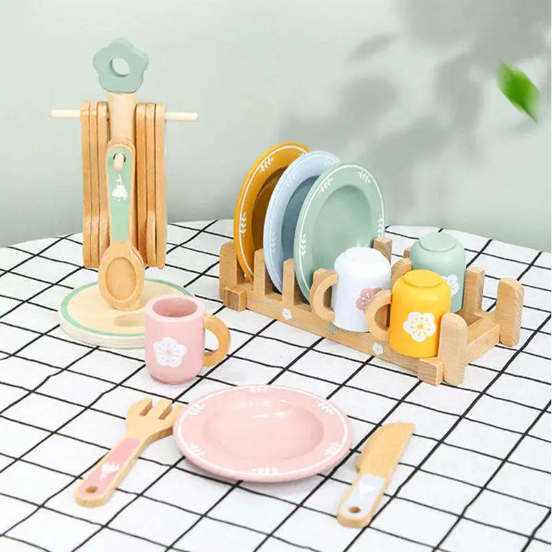 Children Role Pretend Tableware Set Simulation Kitchen Accessories Toy for Kids Dinnerware Wooden Role Play Toys