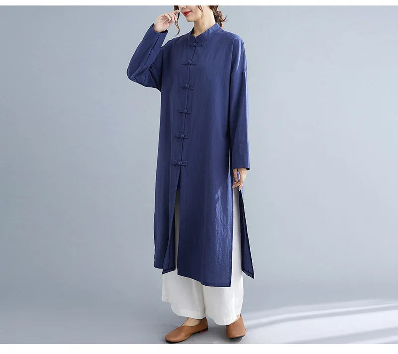 Traditional Chinese Clothing for Women Spring Autumn Cotton Long Sleeve Single-breasted Loose Top Meditation Tea Clothes