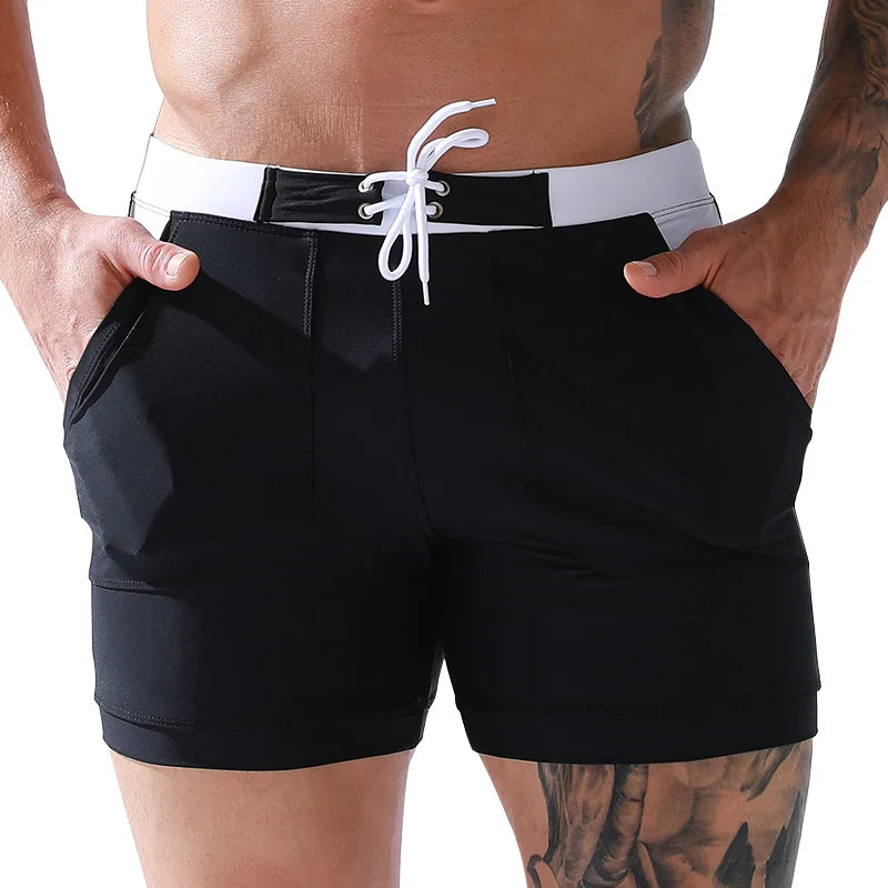 Men Stretch Swim Trunks Quick Dry Swimwear Swimsuits Beach Shorts with Pockets Surf Bathing Suit Water Sports Pants
