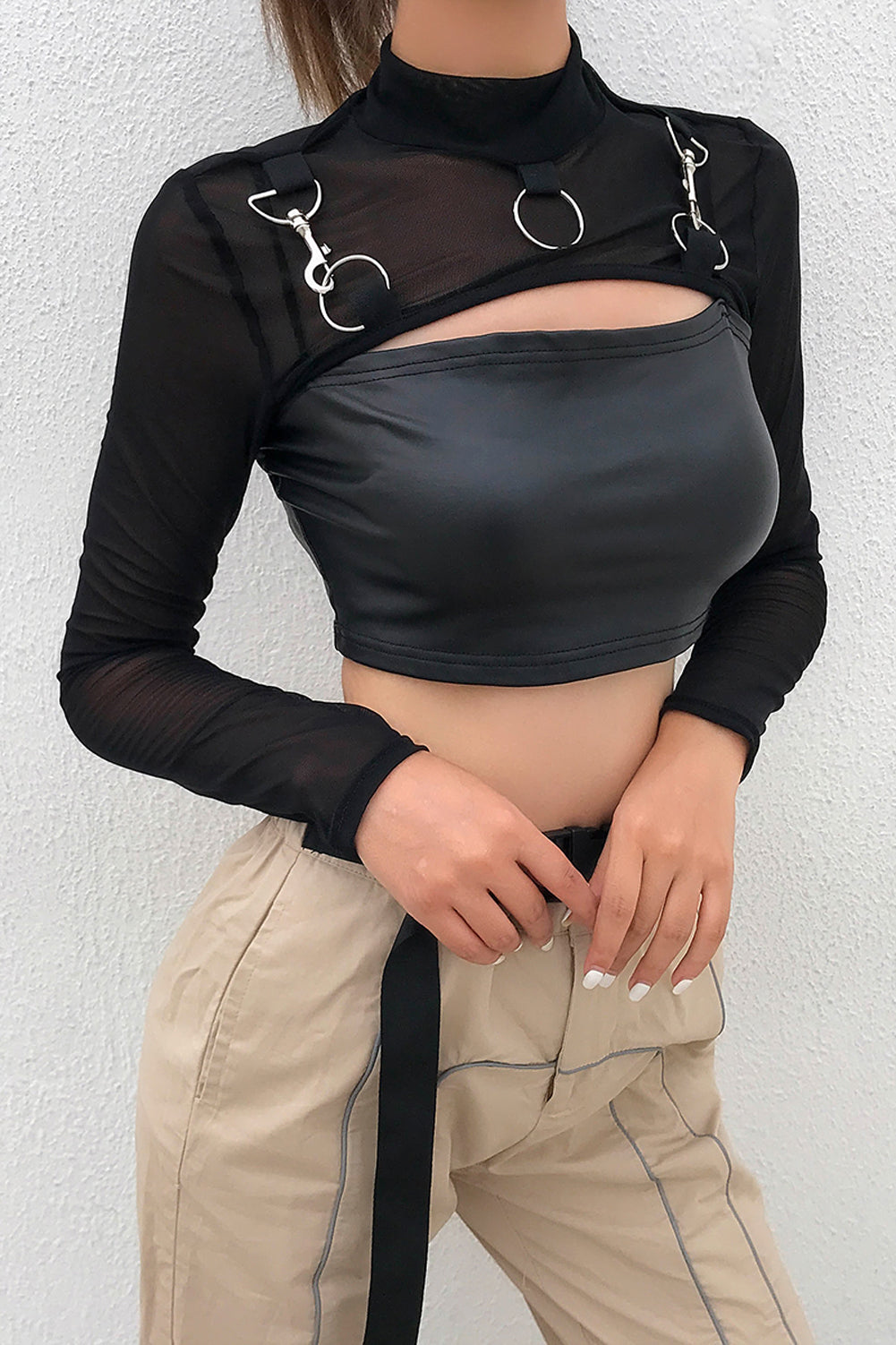 Summer Sexy Mesh See Through T-Shirts Black O-Neck Long Sleeve  Turtleneck Sheer Transparent Short Crop Tops Sexy Club Party Top