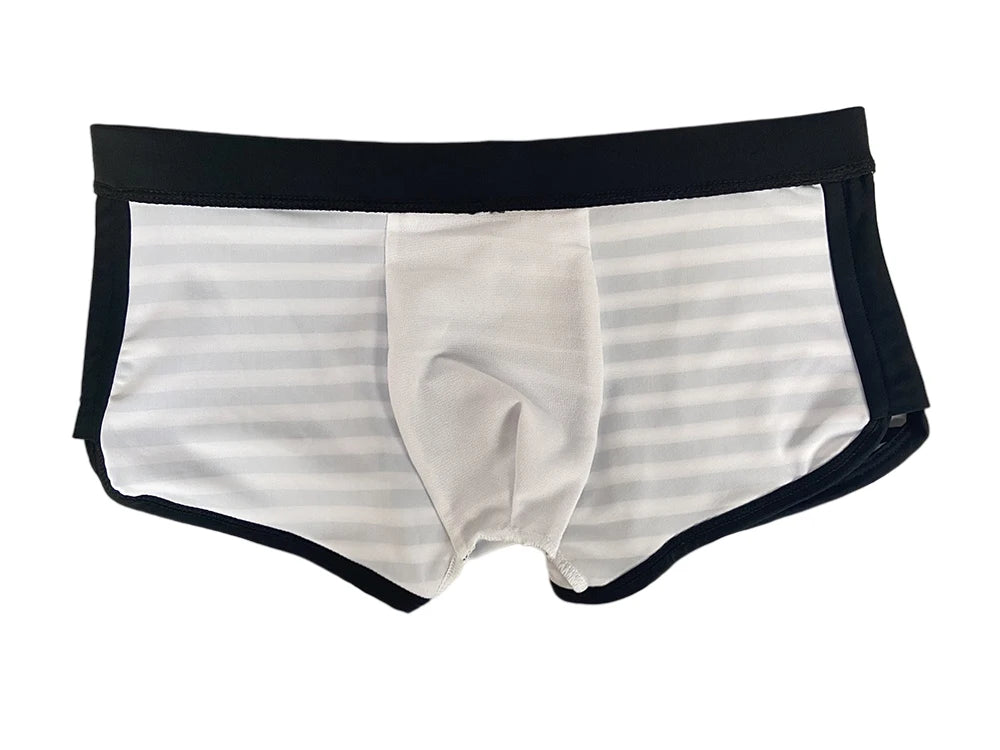 Sexy Mens Swimming Trunks Low Waist Pouch Striped Swimsuit Fashion Male Side Split Bathing Suit Sport Beach Surfing Board Shorts