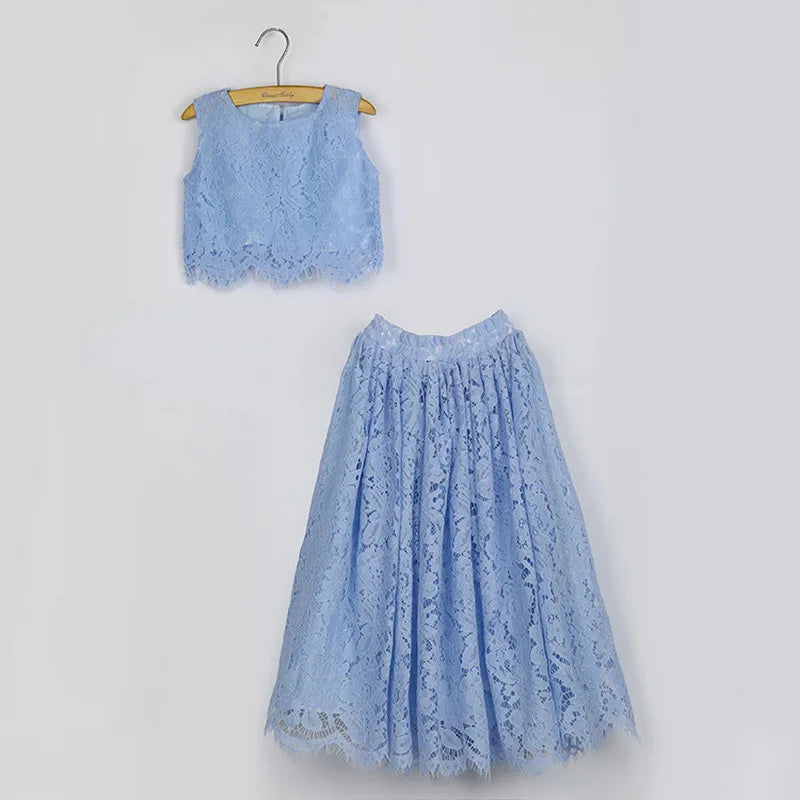Children Set Clothing for Girls Half Sleeve Lace Top+Champagne Pink Long Skirt Kids Clothes 0-10T E17121