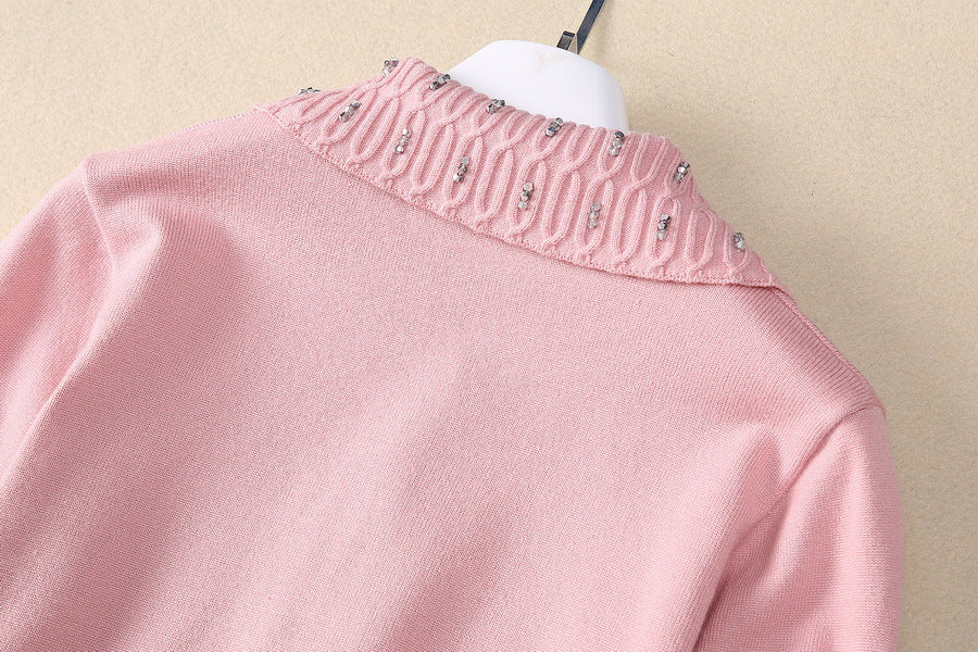 European and American women's clothing 2025 spring new Long sleeve beaded pink sweater Gauze cake skirt Fashion suit