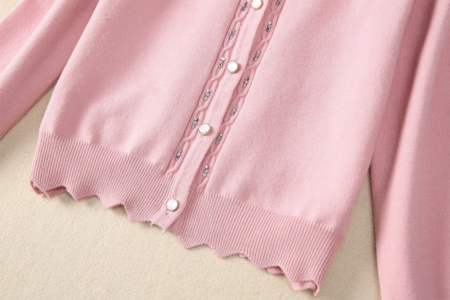 European and American women's clothing 2025 spring new Long sleeve beaded pink sweater Gauze cake skirt Fashion suit