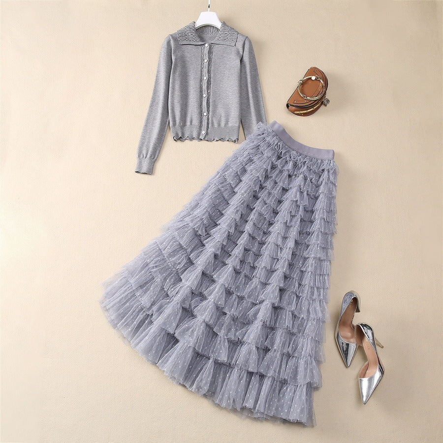 European and American women's clothing 2025 spring new Long sleeve beaded pink sweater Gauze cake skirt Fashion suit