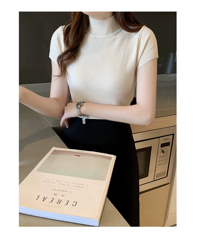 Casual Women Clothing Korean Knitted Women Top Blusas Mujer De Moda Spring Summer New Solid Slim Turtleneck Blouse Blusas 8622