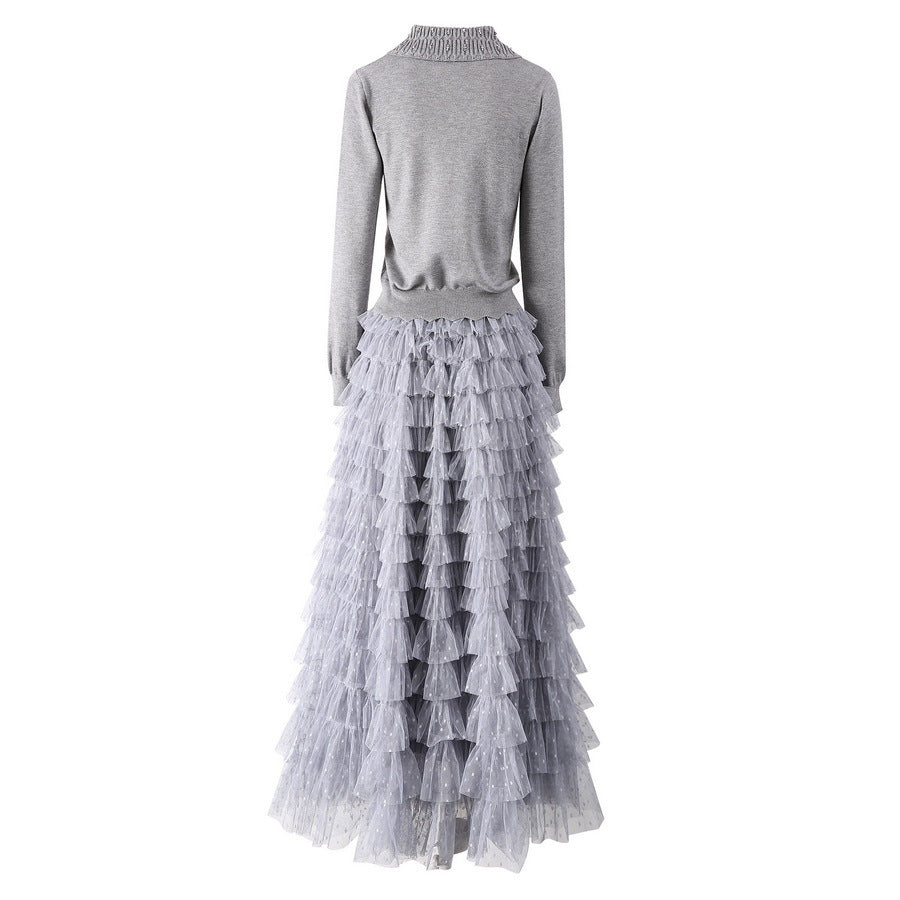 European and American women's clothing 2025 spring new Long sleeve beaded pink sweater Gauze cake skirt Fashion suit