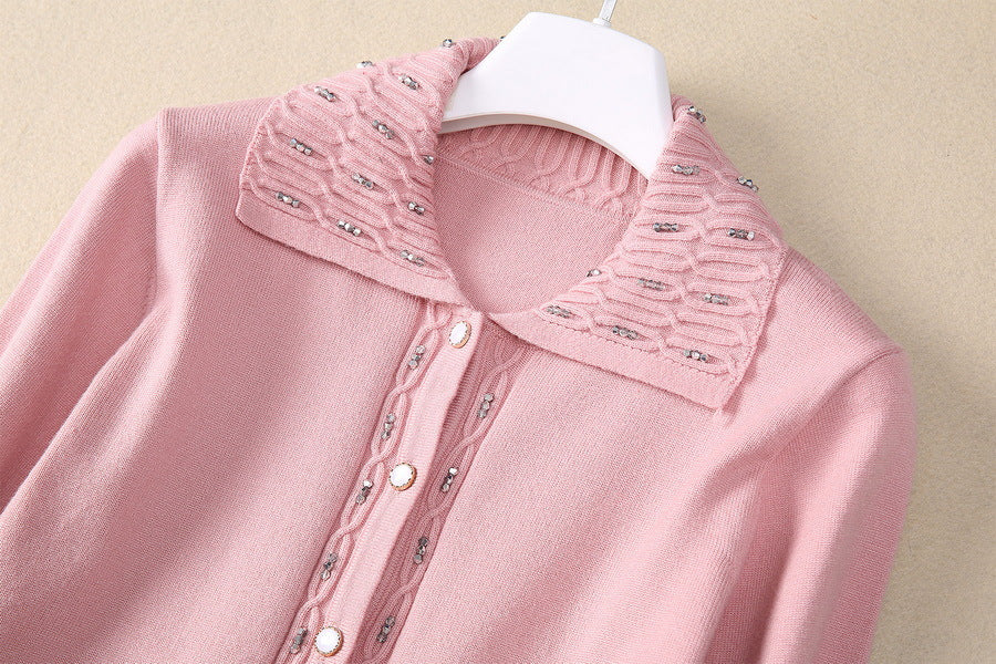 European and American women's clothing 2025 spring new Long sleeve beaded pink sweater Gauze cake skirt Fashion suit