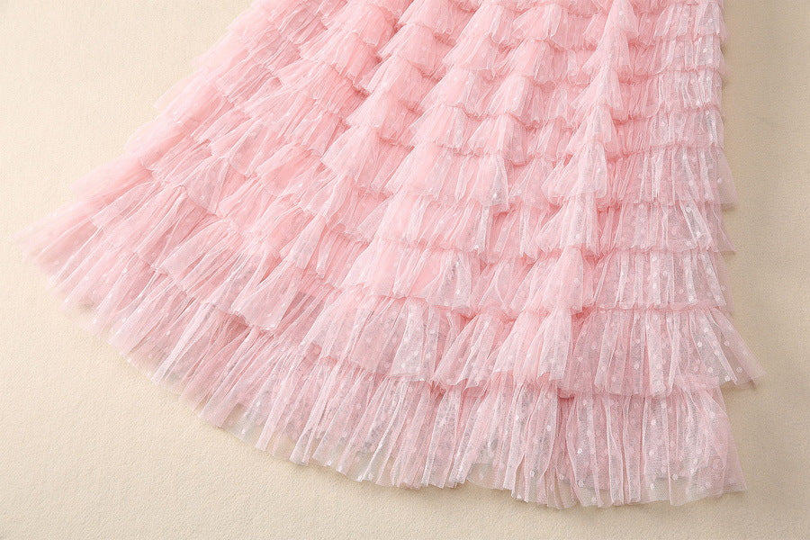 European and American women's clothing 2025 spring new Long sleeve beaded pink sweater Gauze cake skirt Fashion suit