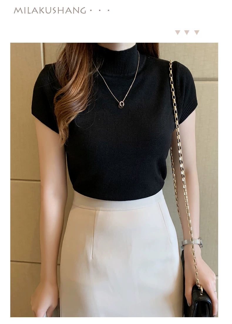 Casual Women Clothing Korean Knitted Women Top Blusas Mujer De Moda Spring Summer New Solid Slim Turtleneck Blouse Blusas 8622