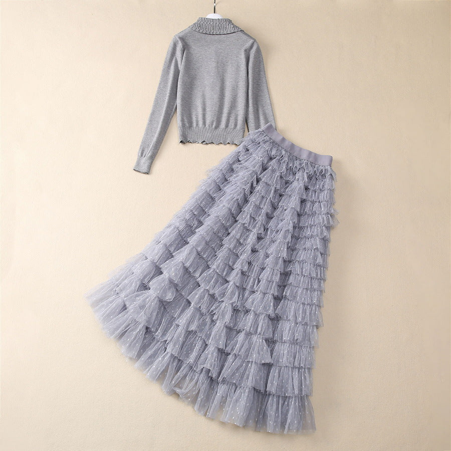 European and American women's clothing 2025 spring new Long sleeve beaded pink sweater Gauze cake skirt Fashion suit