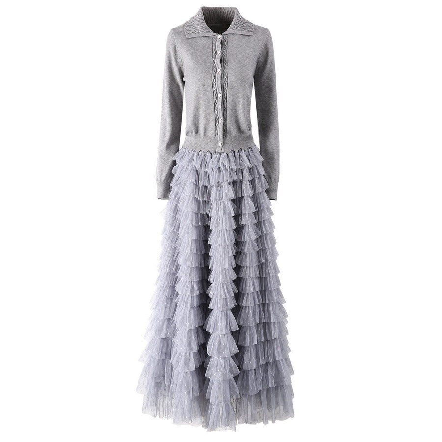 European and American women's clothing 2025 spring new Long sleeve beaded pink sweater Gauze cake skirt Fashion suit