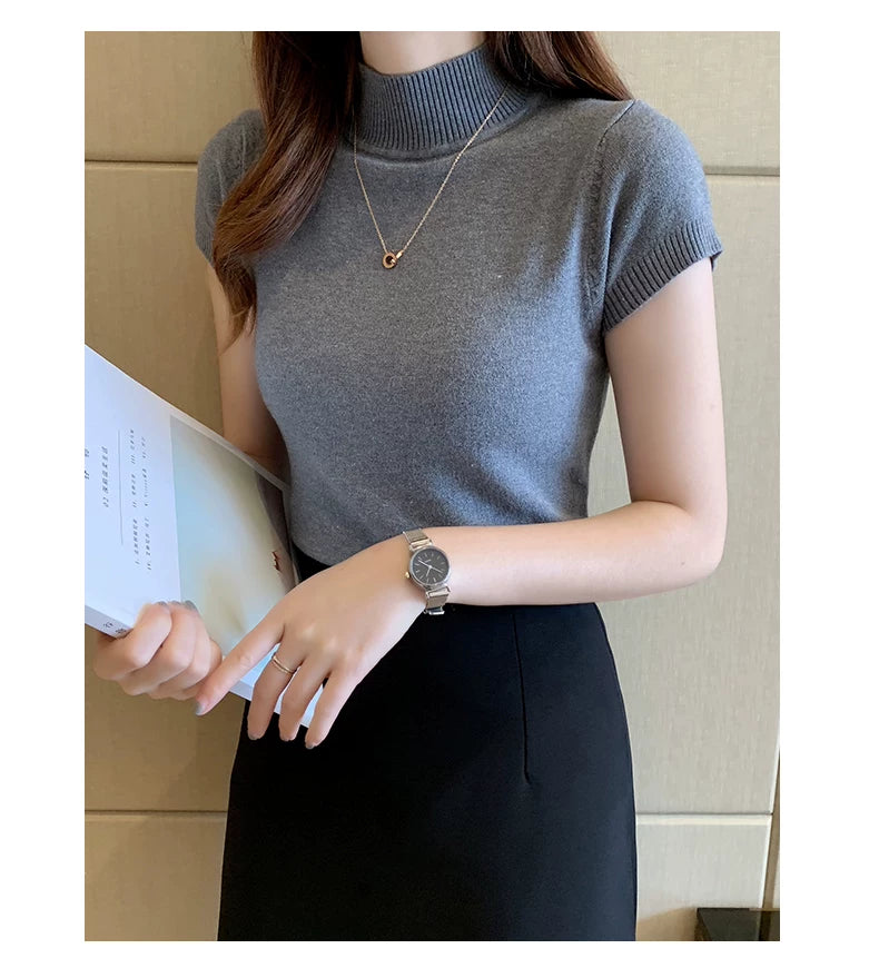 Casual Women Clothing Korean Knitted Women Top Blusas Mujer De Moda Spring Summer New Solid Slim Turtleneck Blouse Blusas 8622