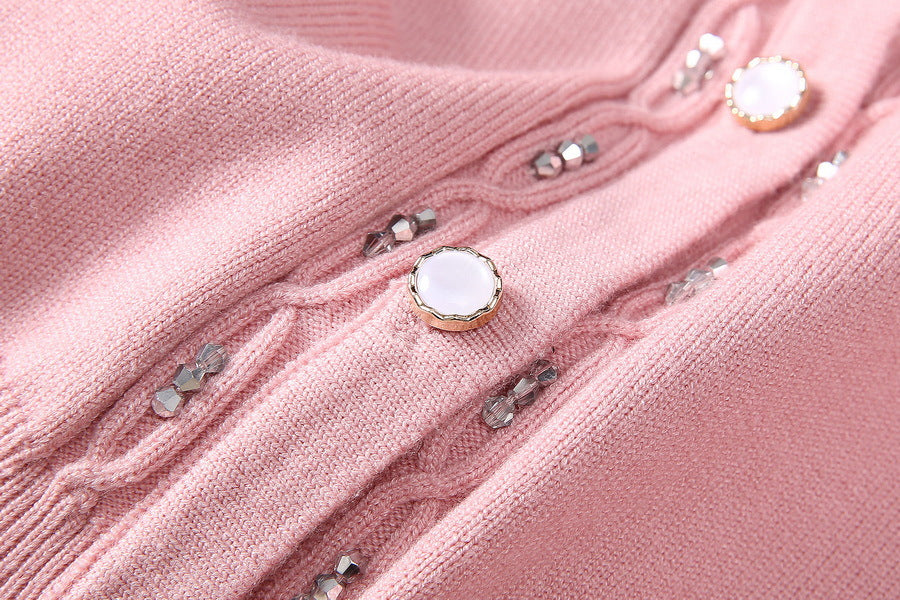 European and American women's clothing 2025 spring new Long sleeve beaded pink sweater Gauze cake skirt Fashion suit