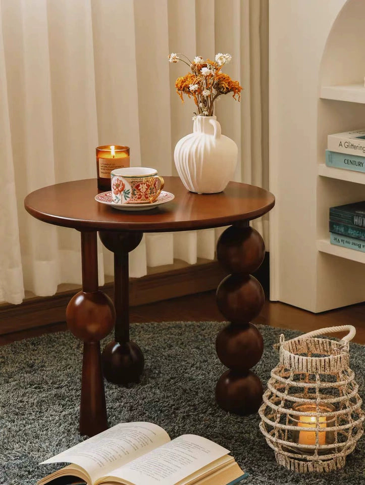 French Light Luxury Walnut Coffee Table Vintage Round Storage End Table Solid Wood Sofa Nightstand Living Room Bedside Accent