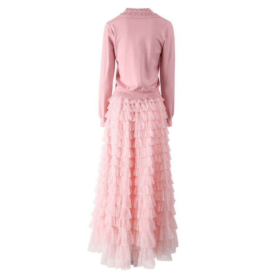 European and American women's clothing 2025 spring new Long sleeve beaded pink sweater Gauze cake skirt Fashion suit
