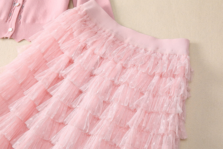 European and American women's clothing 2025 spring new Long sleeve beaded pink sweater Gauze cake skirt Fashion suit